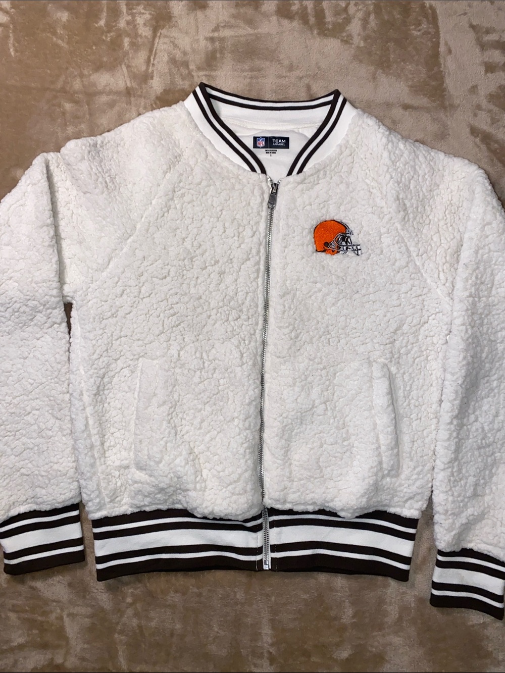 NFL Team Browns Cream Sherpa Zip Jacket with Embroidered Helmet